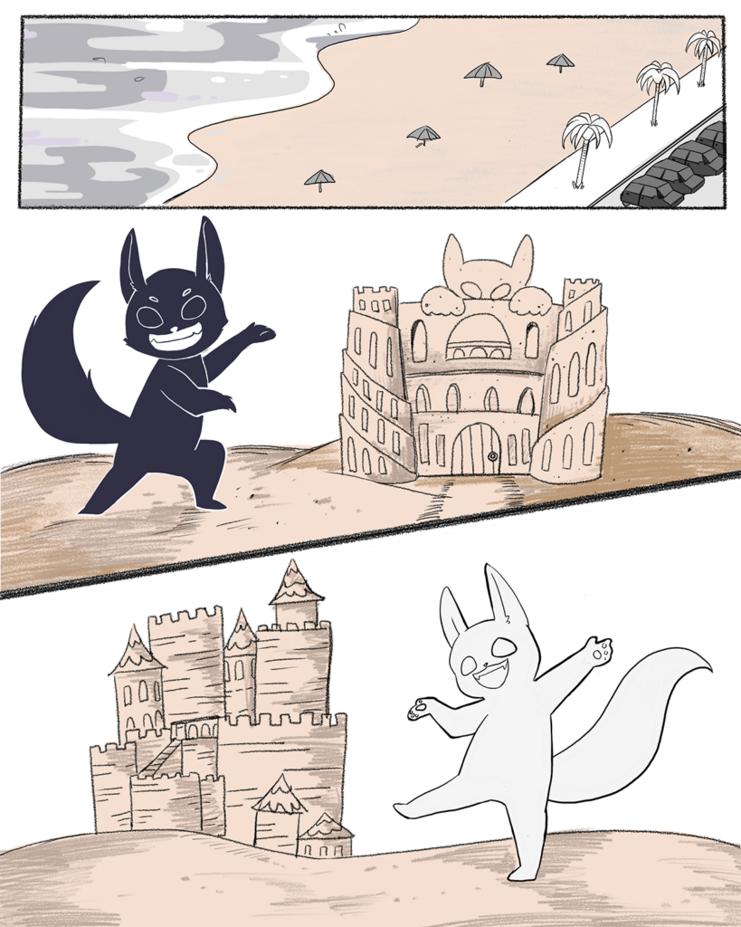 A webcomic, page 1. It shows a scene of a public beach similar to Venice beach. A dark-furred fox shows off a spooky sand castle gleefully. A light-furred fox happily shows off an elaborate medieval fantasy styled sandcastle.