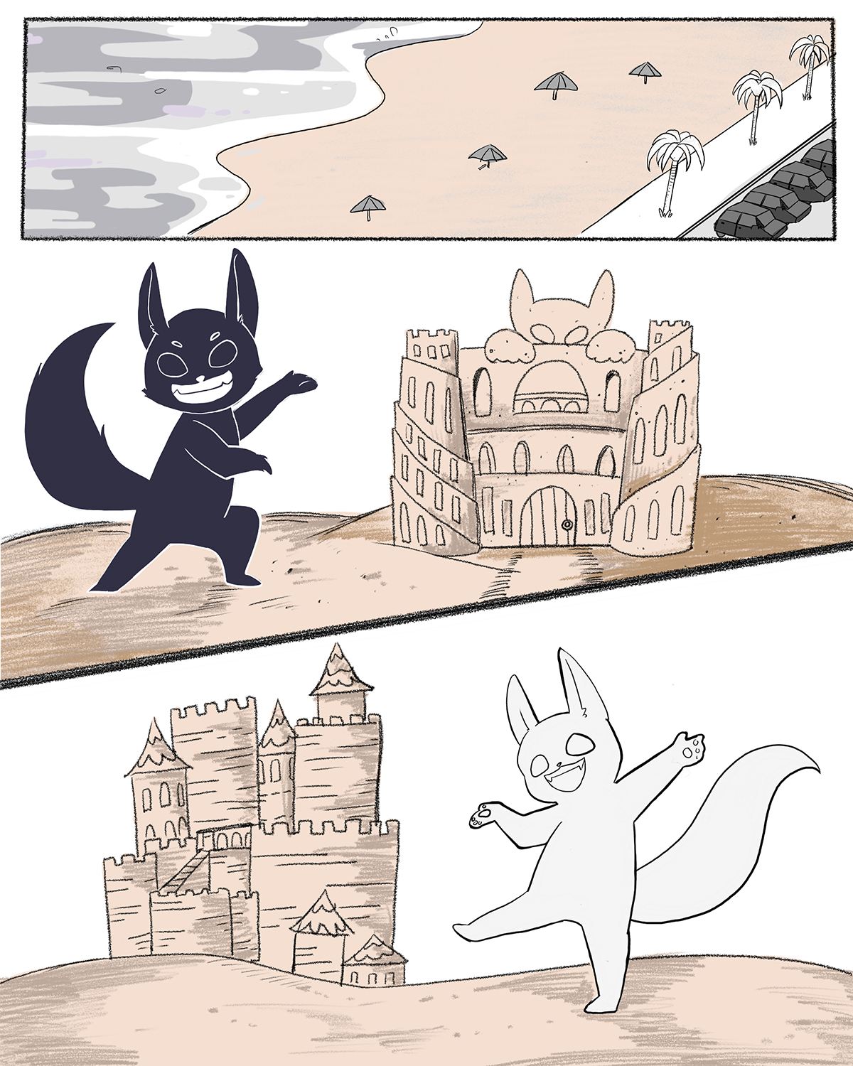 A webcomic, page 1. It shows a scene of a public beach similar to Venice beach. A dark-furred fox shows off a spooky sand castle gleefully. A light-furred fox happily shows off an elaborate medieval fantasy styled sandcastle.